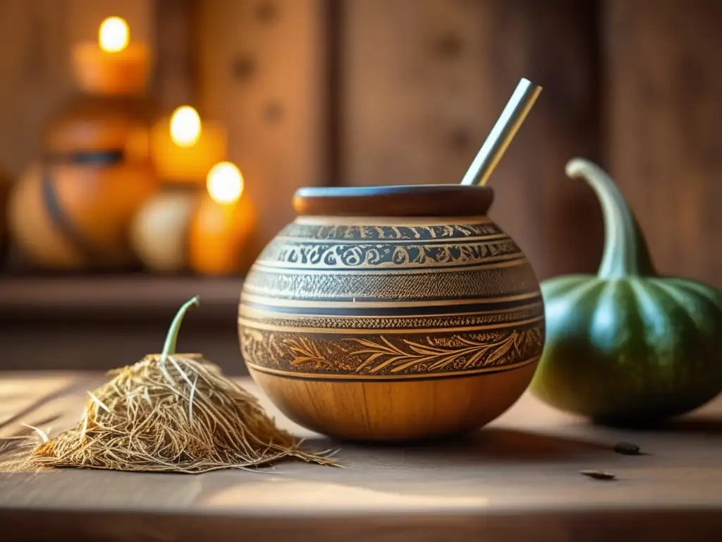 Mesa de madera vintage con mate y yerba mate: tradición y aromas de la región Rioplatense