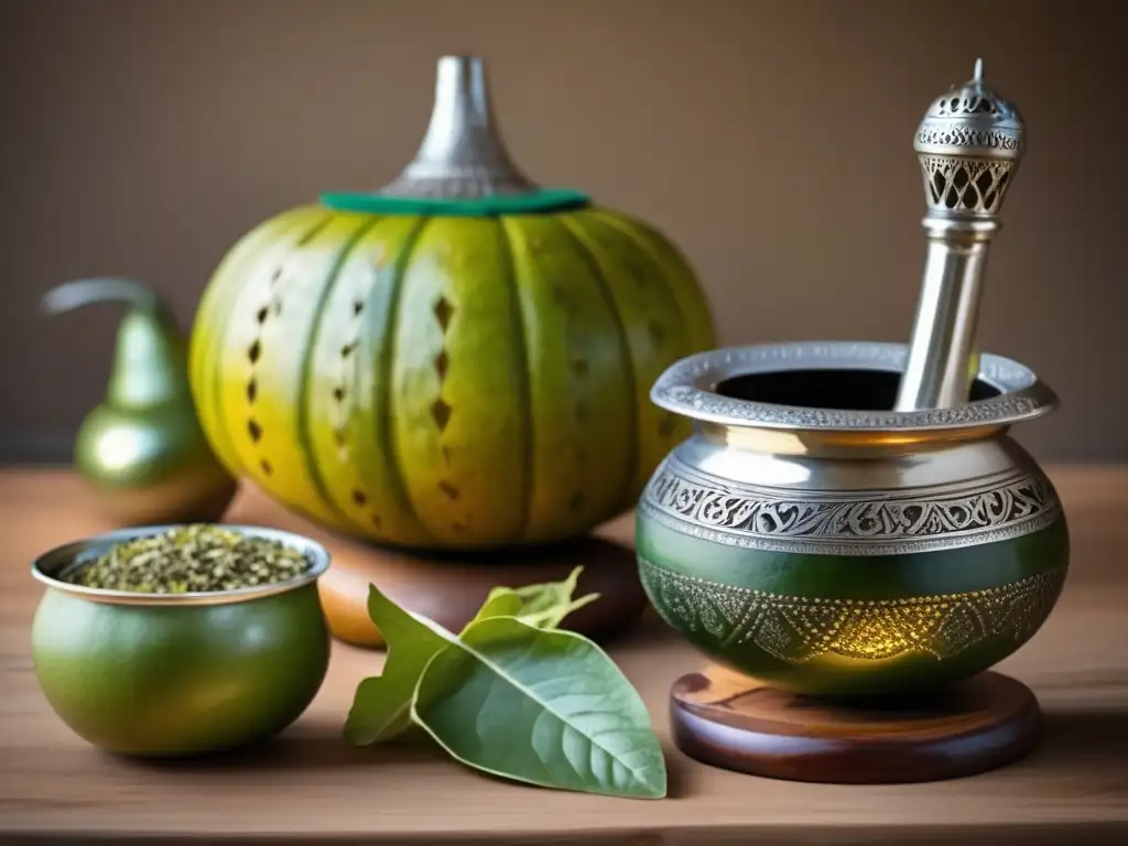 Mesa de madera vintage con mate y bombilla de plata: Mate en la mixología moderna