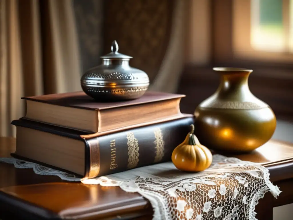 Mesa de madera vintage con mate y libros: Beneficios del mate para la piel