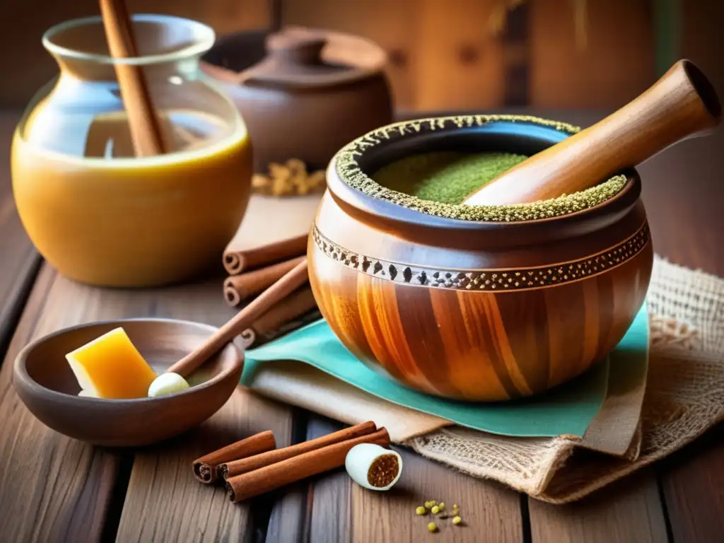 Mesa de madera vintage con mate dulce y accesorios, rodeada de yerba mate suelta y ingredientes dulces como azúcar, miel y canela