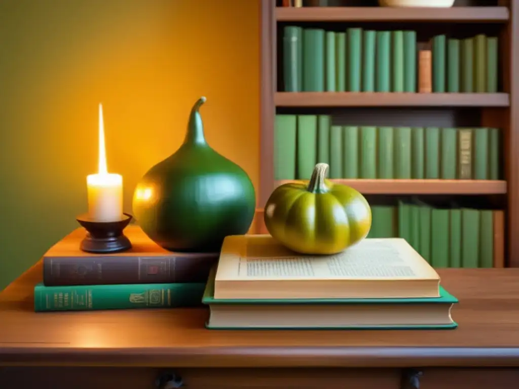 Mesa de madera vintage con mate, libros antiguos y biblioteca acogedora