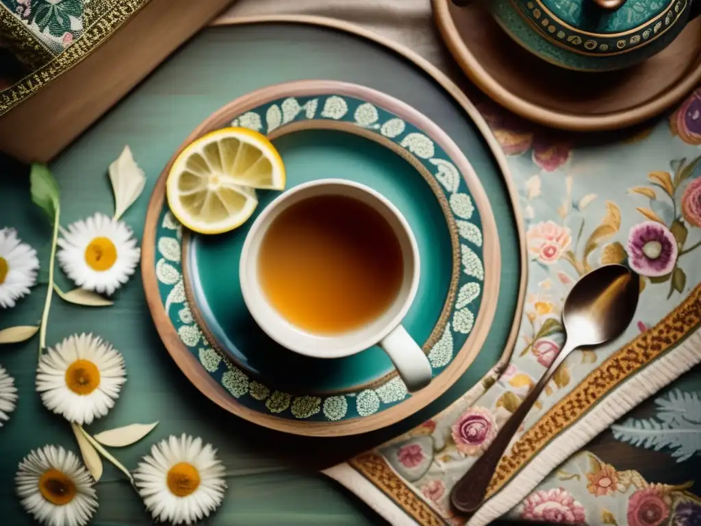 Mesa de madera vintage con taza de mate y decoración tradicional, evocando nostalgia