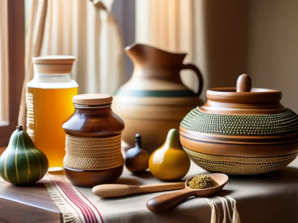 Mesa de madera vintage con yerberas, bombillas y yerba mate