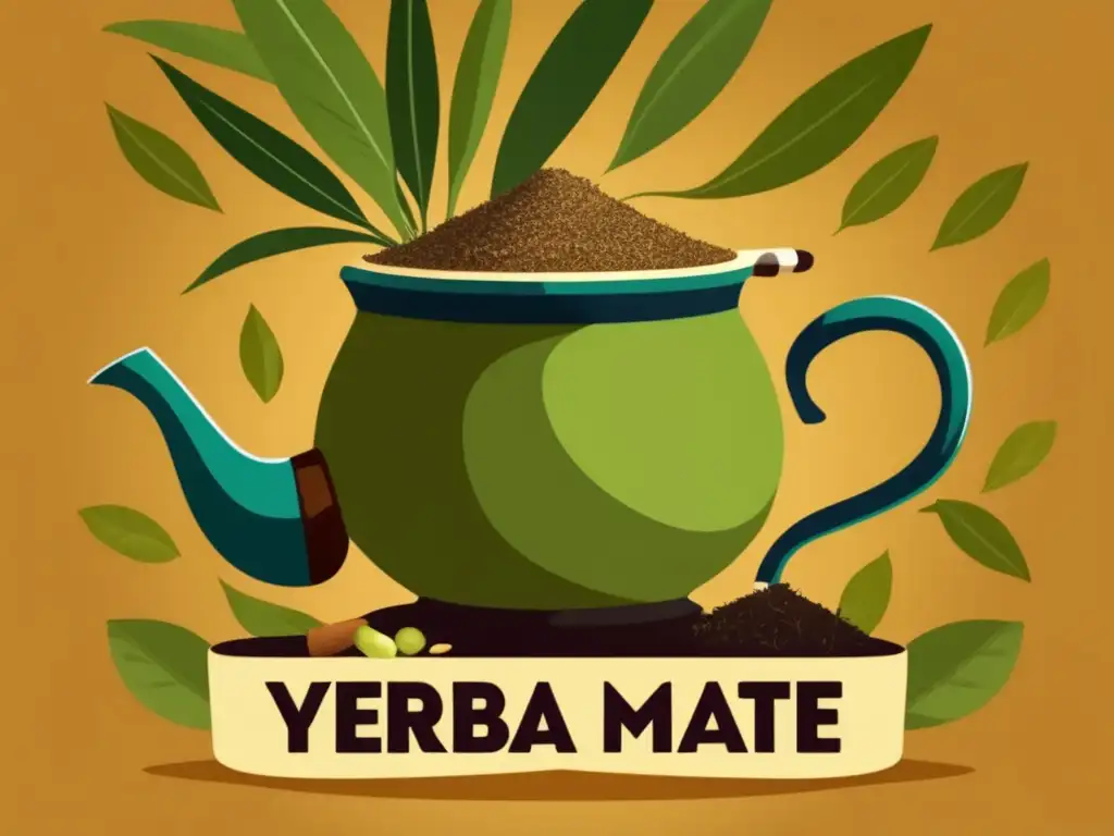 Ilustración vintage de una mesa con mate y libros que representa las propiedades antinflamatorias y analgésicas de la yerba mate