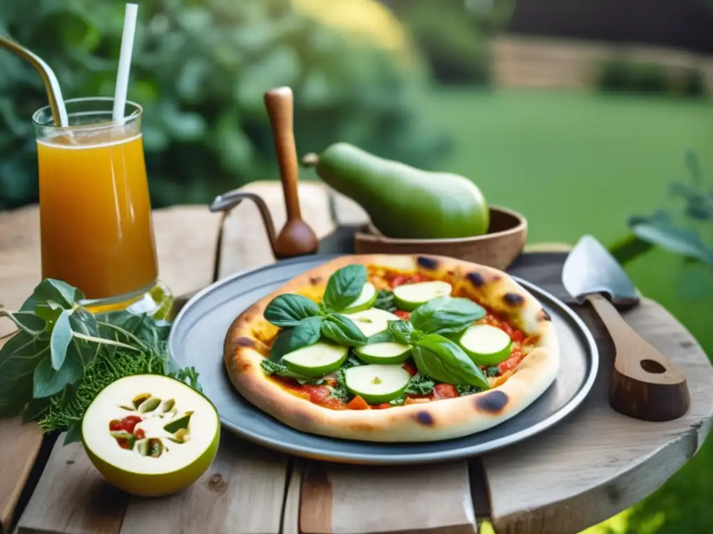 Mesa rústica al aire libre con mate, pizza y tarta de bayas - Recetas de pizza y tarta para mate