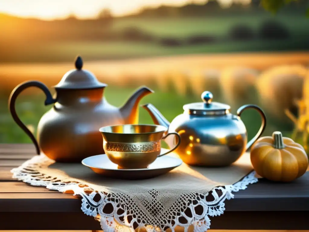 Mesa rústica en el campo, con mate y teapot