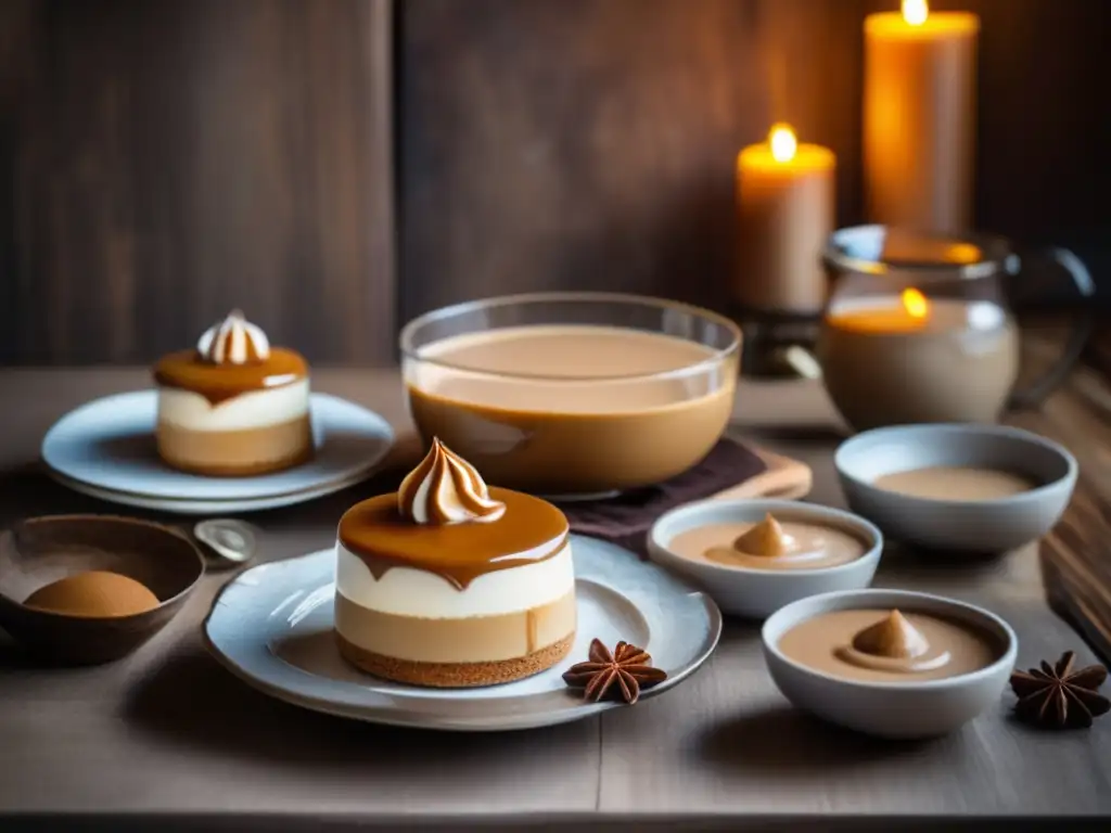 Mesa rústica con Mousse de Dulce de Leche con Mate y alfajores