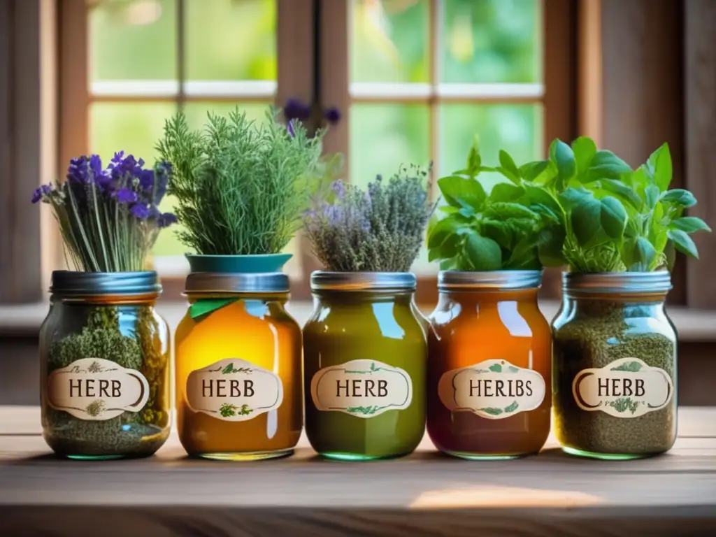 Mesa rústica con frascos de hierbas aromáticas y te preparado