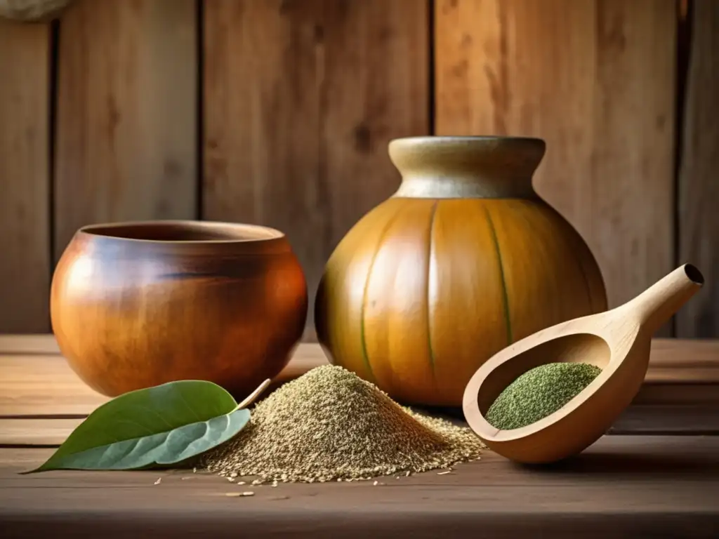 Mesa rústica con mate y yerba mate, evocando tradición, calidez y ritual