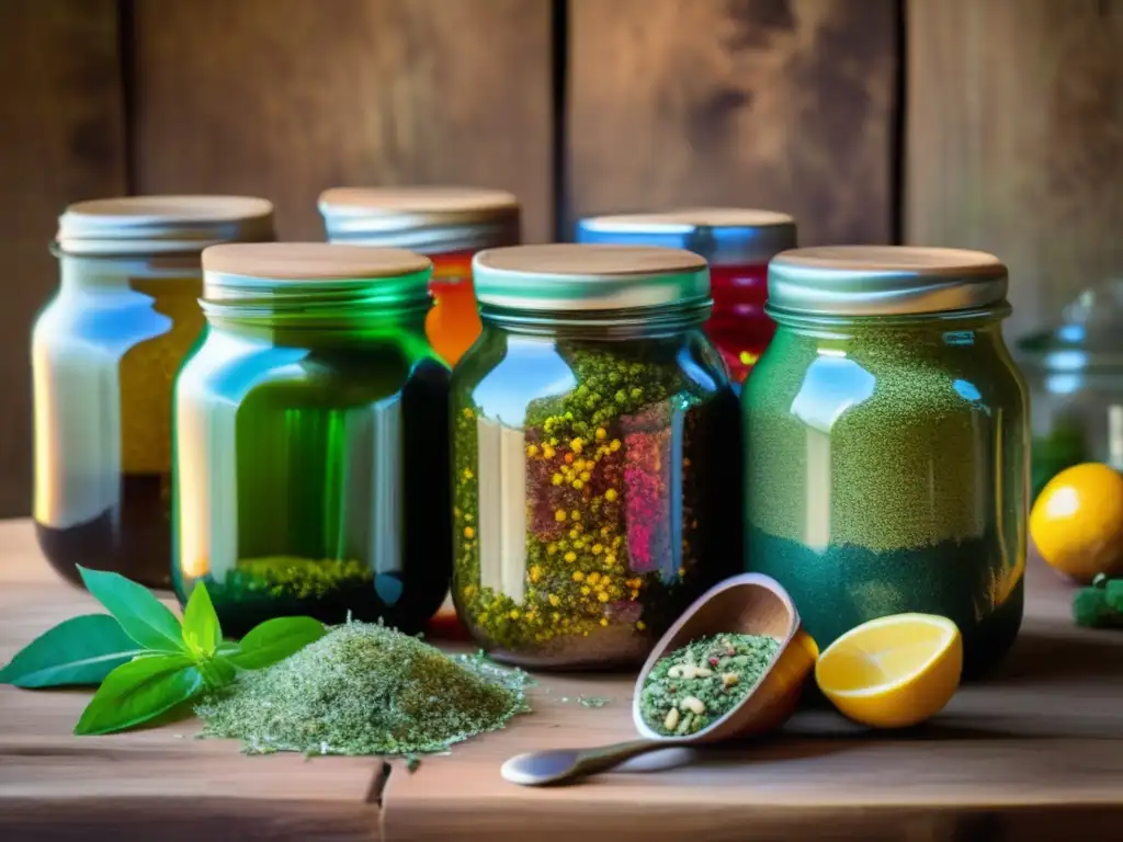 Mesa rústica con yerba mate y hierbas aromaticas Mesa rústica con yerbas saborizadas para mate tradicional