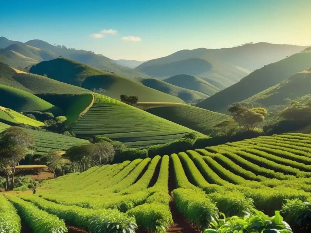 Métodos orgánicos para enriquecer suelo Yerba Mate: Plantación vintage vibrante, agricultor cuidadoso, tradiciones sostenibles