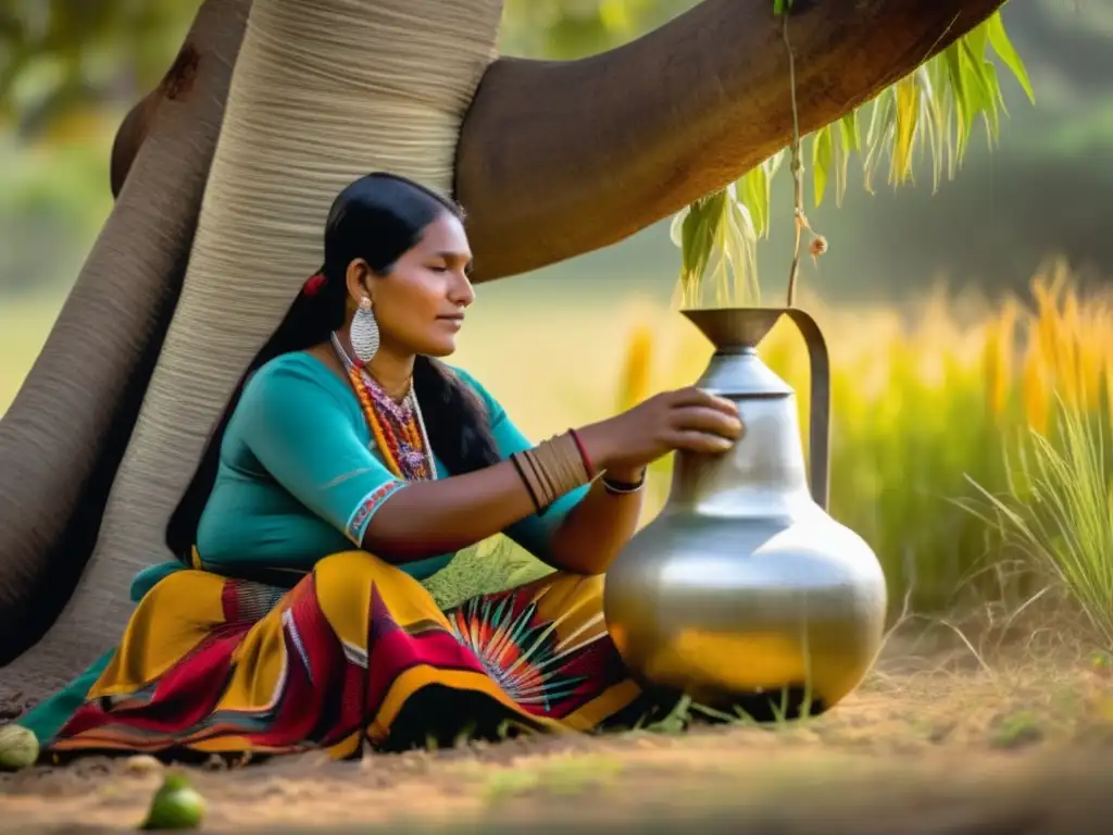 Mujer indígena del Rioplatense con mate: Tradición y conexión cultural