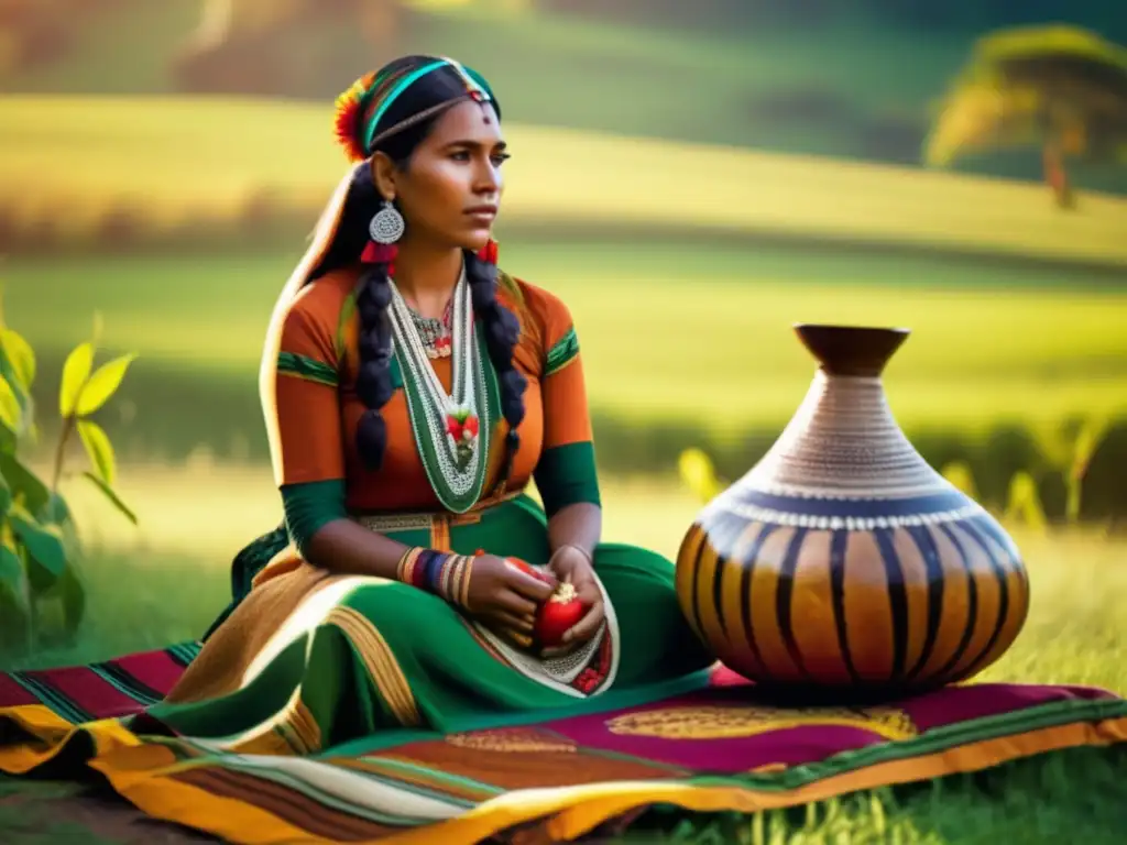 Mujer indígena disfrutando de mate, reflejando la esencia de la cultura y variedades de sabor del mate