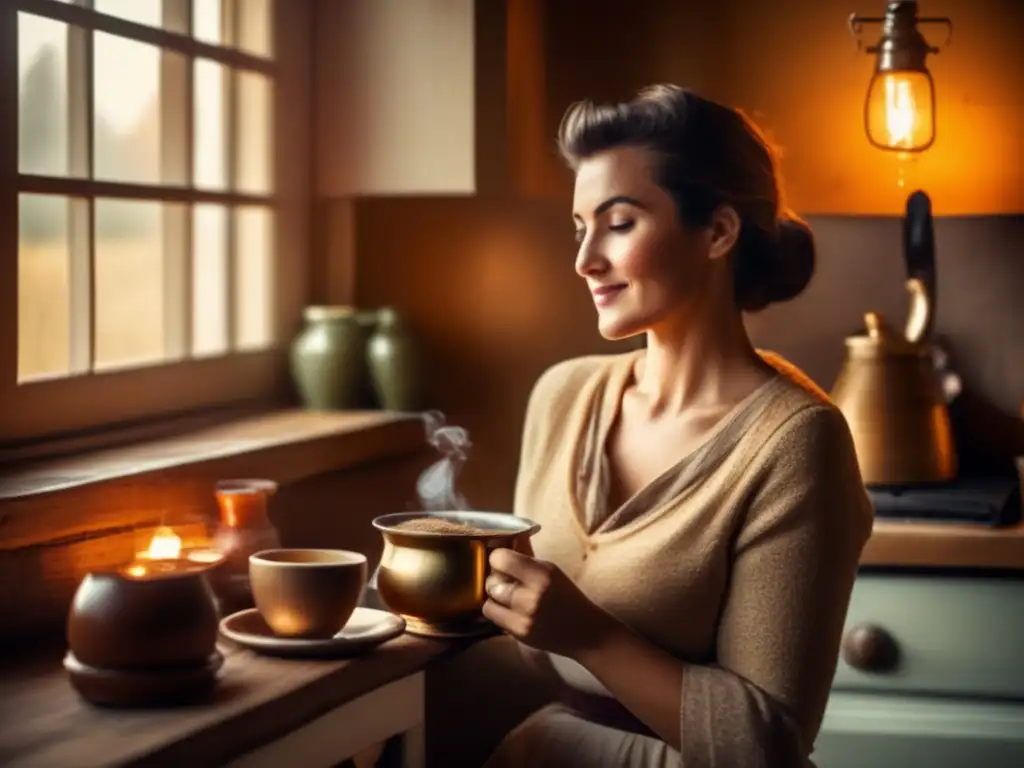 Mujer disfrutando de mate en una acogedora cocina vintage, sin efectos adversos en el ciclo menstrual