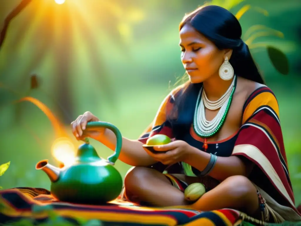 Mujer Guarani vestida tradicionalmente, disfrutando del mate en la selva