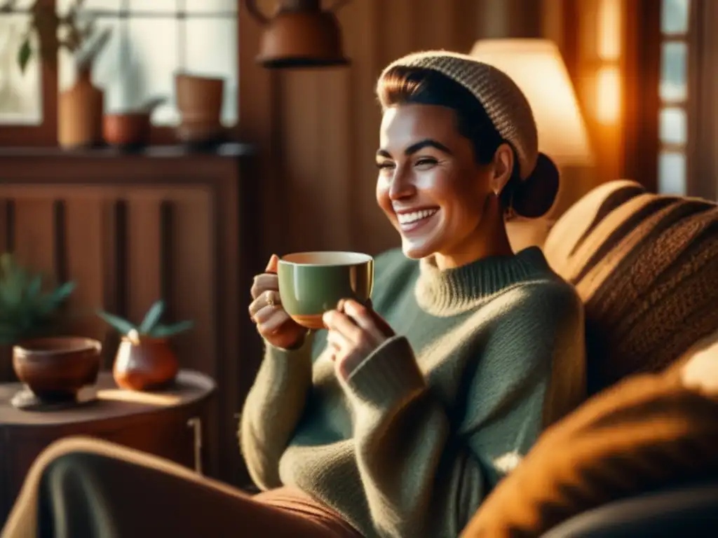 Mujer disfrutando de yerba mate en acogedor salón rústico