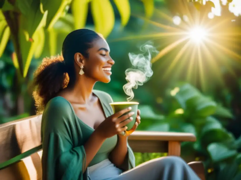 Mujer disfrutando de yerba mate en el parque, beneficios para osteoporosis