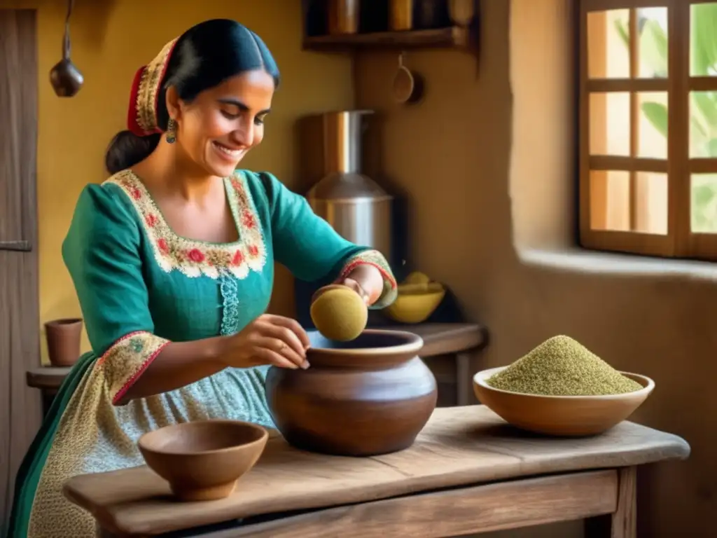 Mujeres en la cultura del mate: Escena vintage en una cocina rústica, preparando mate con yerba mate, gourd, bombilla y agua caliente