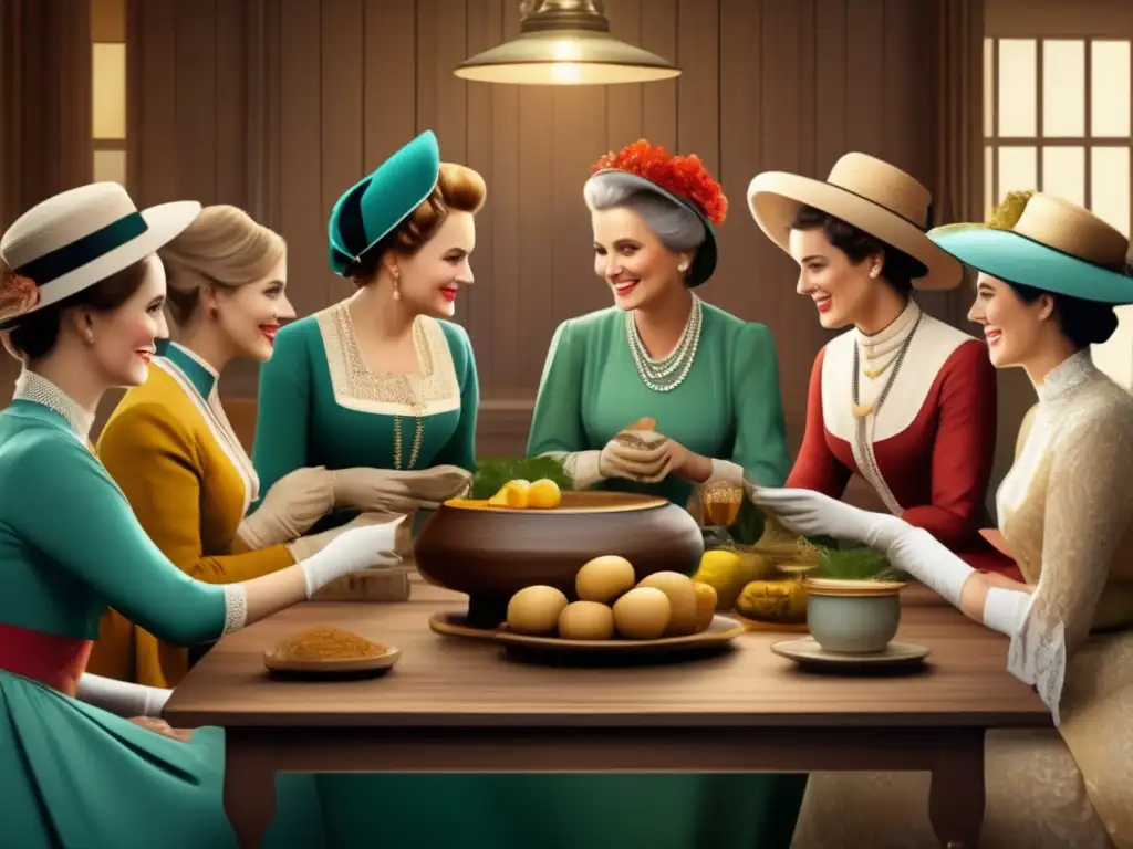 Mujeres disfrutando de la cultura del mate en una ilustración vintage con elegante vestimenta y mate de plata