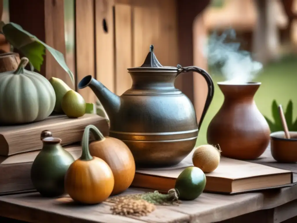 Mujeres en la cultura del mate: Patio argentino con mesa de madera, mate antiguo, libros y escritura vintage