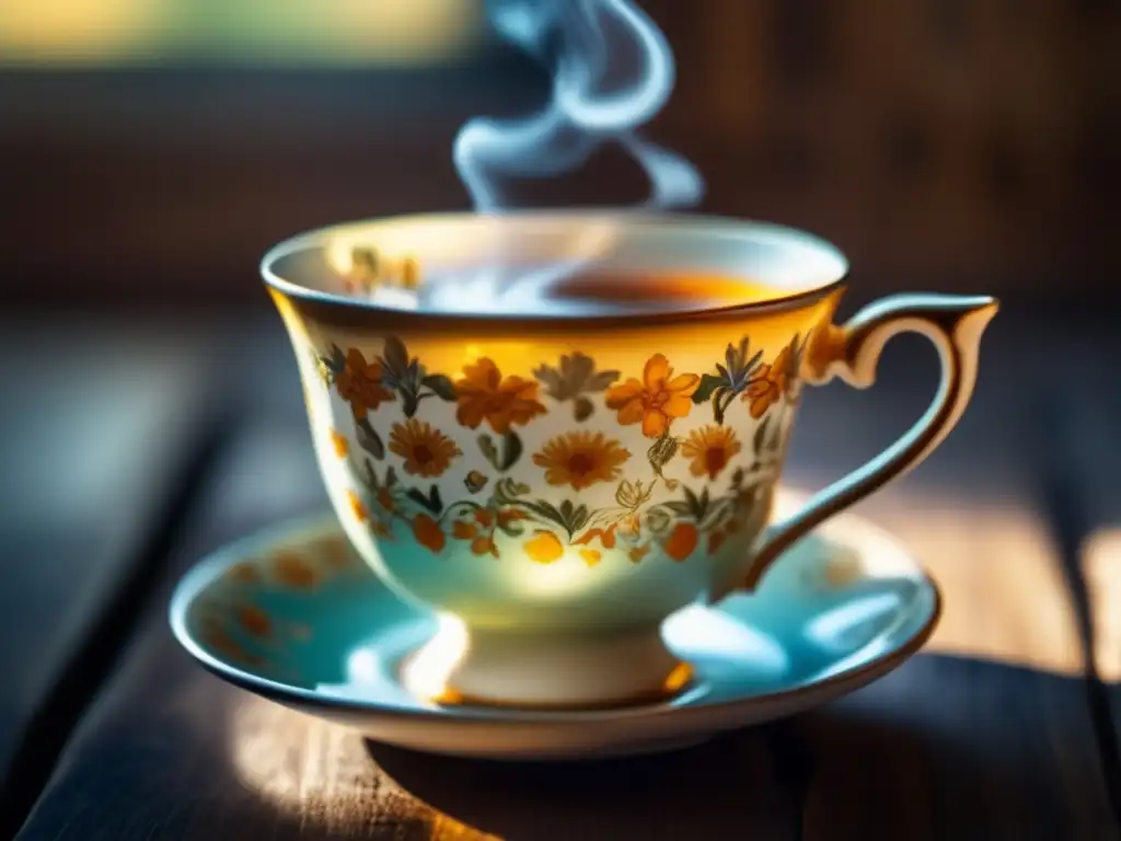 Mujeres mateando en la cultura rioplatense, delicada imagen de una taza y platillo vintage con motivos florales, sobre mesa de madera rústica