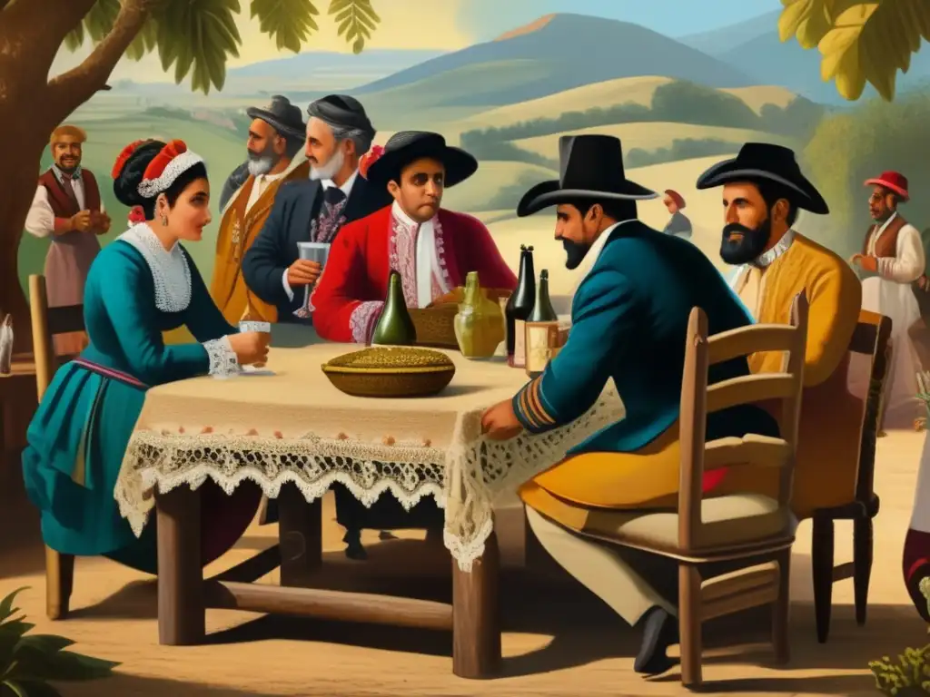 Pintura detallada de mate en Rioplatense Mate en Museo: Pintura vintage con escena tradicional de mate, convivialidad y cultura rioplatense