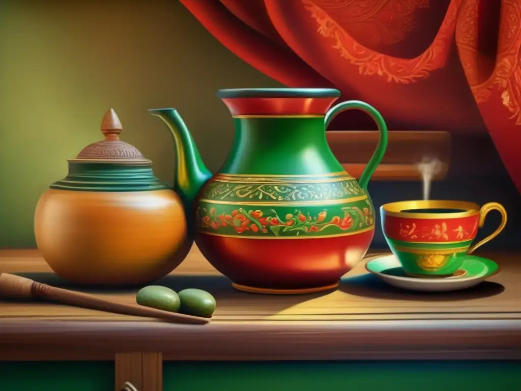 Pintura vintage con mate rioplatense Museo rioplatense: Arte mate pintura- Escena serena con mesa de mate tradicional y obras de arte