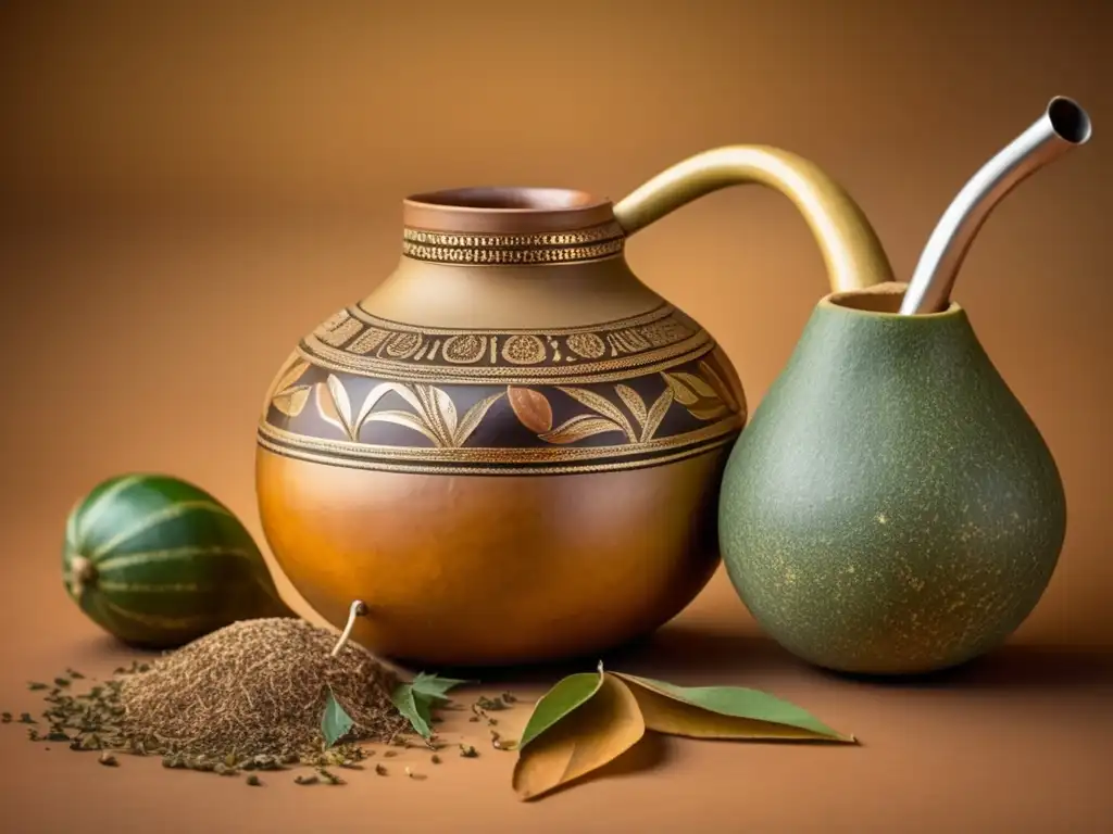 Tradicional mate con yerba mate y bombilla Museos del mate para los sentidos: imagen vintage de una tradicional mate y bombilla rodeadas de hojas de yerba mate secas y coloridas