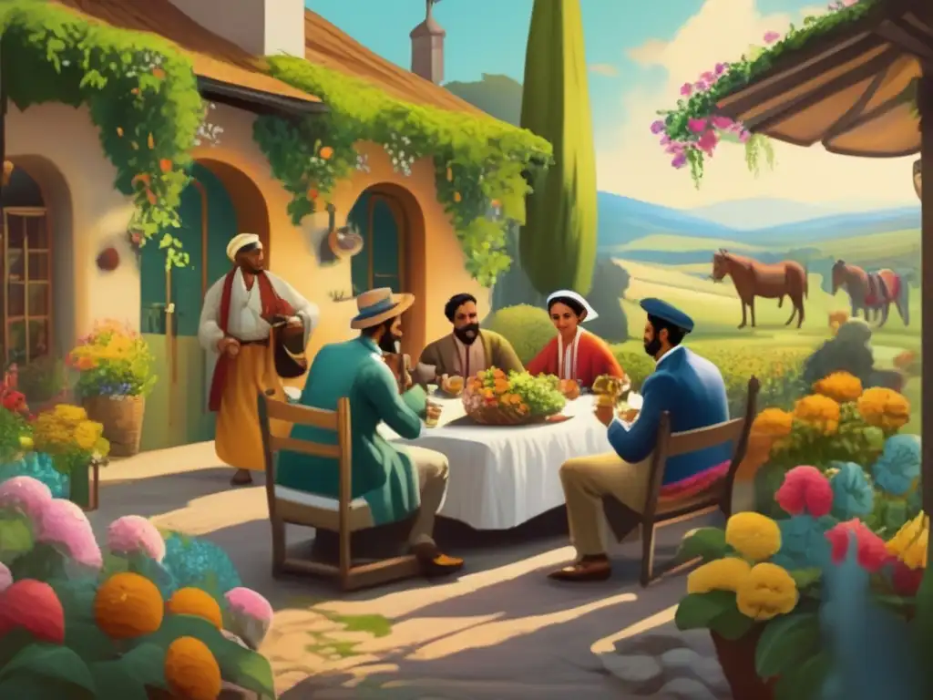 Reunión tradicional de mate Museos del mate para los sentidos: Tradicional mate en patio campestre con personas, flores y conversaciones cálidas