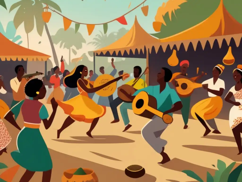 Ilustración vintage de músicos y bailarines celebrando la tradición del tereré