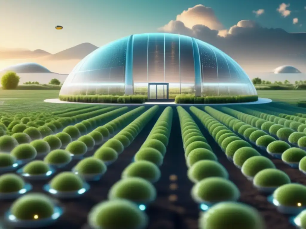 Nanotecnología en la agricultura del mate: paisaje futurista con nanobots cultivando meticulosamente plantas de mate en un invernadero tecnológico