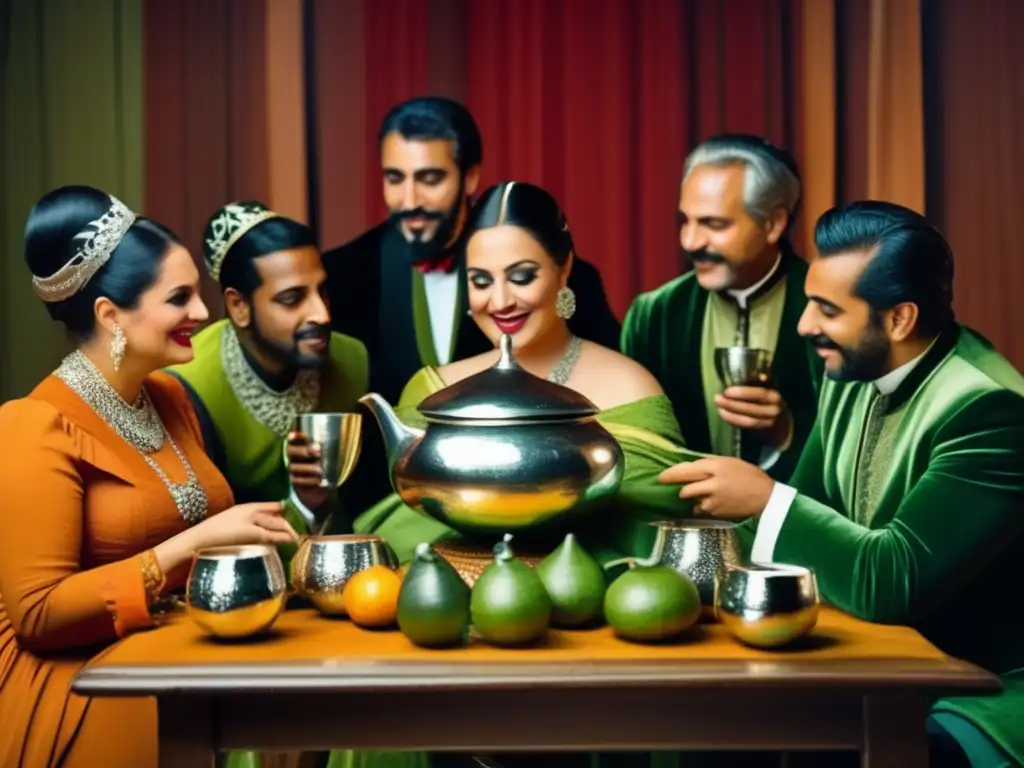 Mate en la ópera y teatro: una escena llena de camaradería, actores y cantantes disfrutan de mate en una mesa decorada con una mate gourd de plata