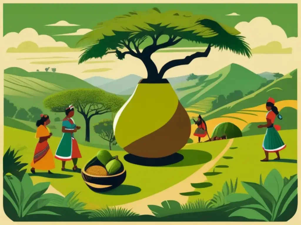 Origen histórico y cultura del mate: ilustración vintage que muestra paisaje exuberante, indígenas en ceremonia con mate y rica herencia cultural