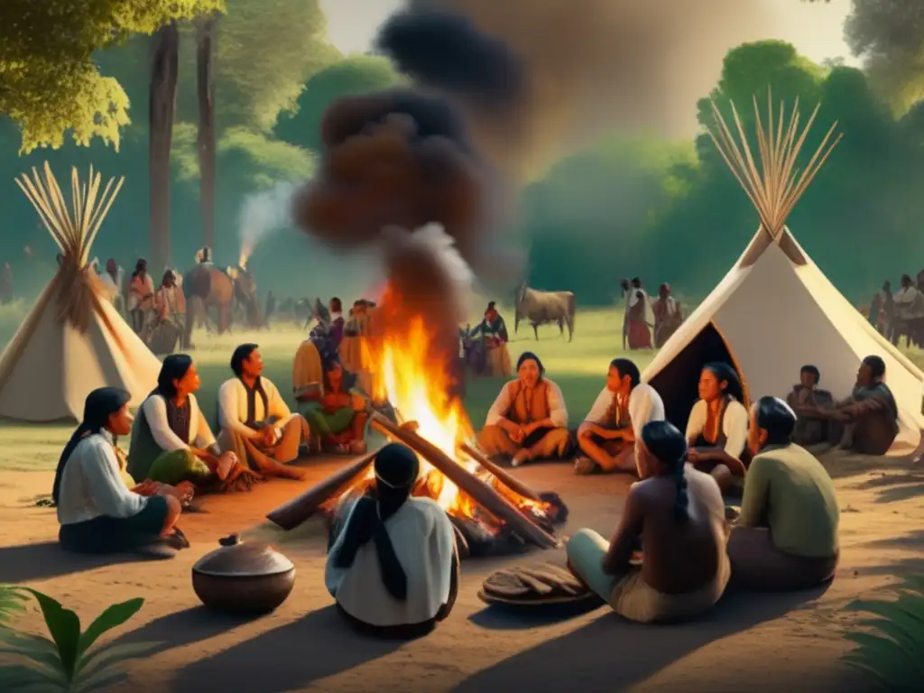 Origen histórico del mate en Argentina: escena tradicional durante la era colonial con indígenas alrededor de un fuego en el bosque