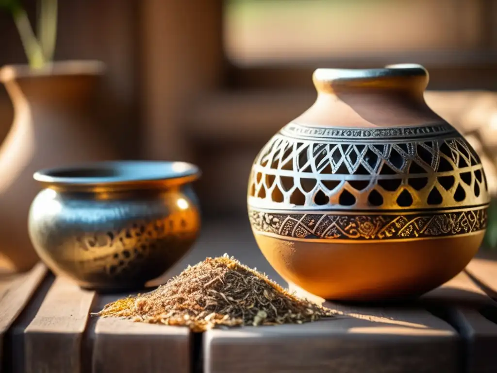 Origen histórico del mate en América - Mate gourd, bombilla de plata, yerba mate y recipientes de barro en una mesa de madera rústica