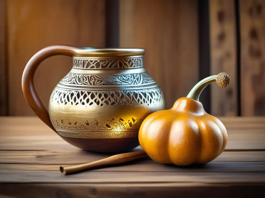 Origen histórico del mate en América - Mate gourd y bombilla en mesa de madera rústica, con patrones indígenas y luz suave