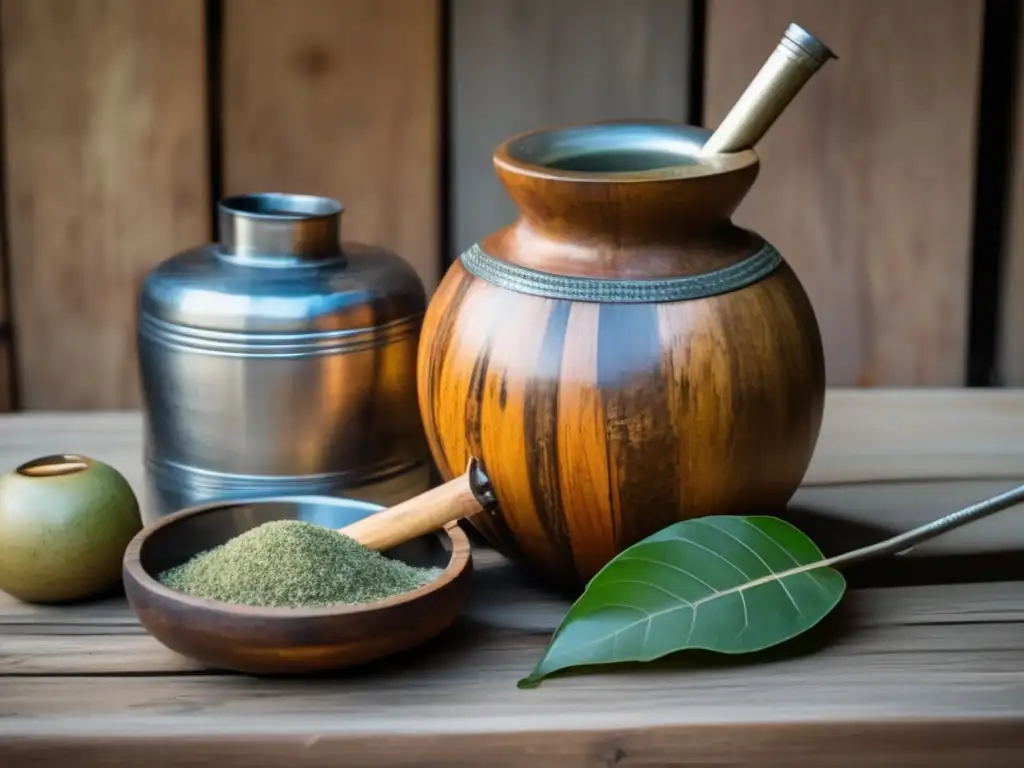 Origen histórico del mate en Argentina: Mesa de madera antigua con mate tradicional rioplatense