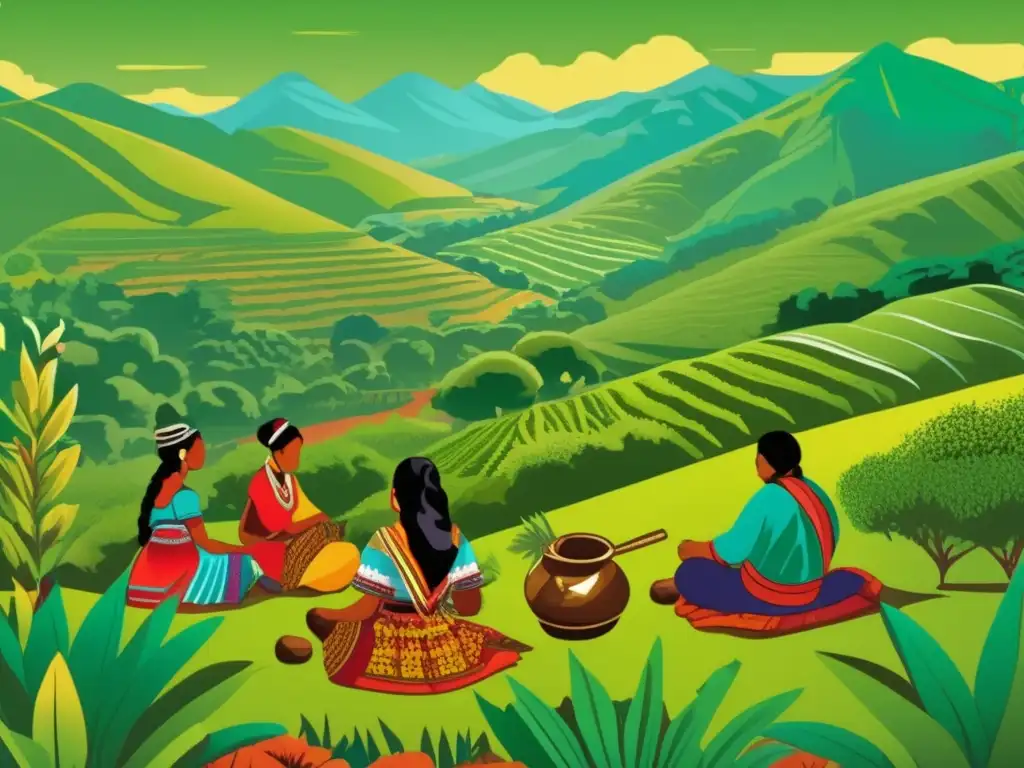 Origen histórico del mate en Argentina - Ilustración vintage de paisaje campestre con indígenas preparando yerba mate