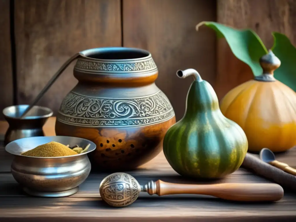 Origen histórico del mate rioplatense: gourd, bombilla, ingredients, utensils, yerba mate, tea kettle, sunlight, historical significance