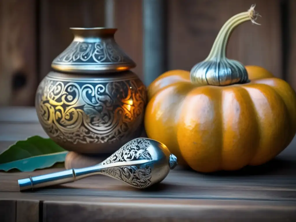 Origen histórico del mate rioplatense: mate gourd y bombilla en mesa de madera rústica, detalle 8k, diseño ornamentado, hojas de yerba mate