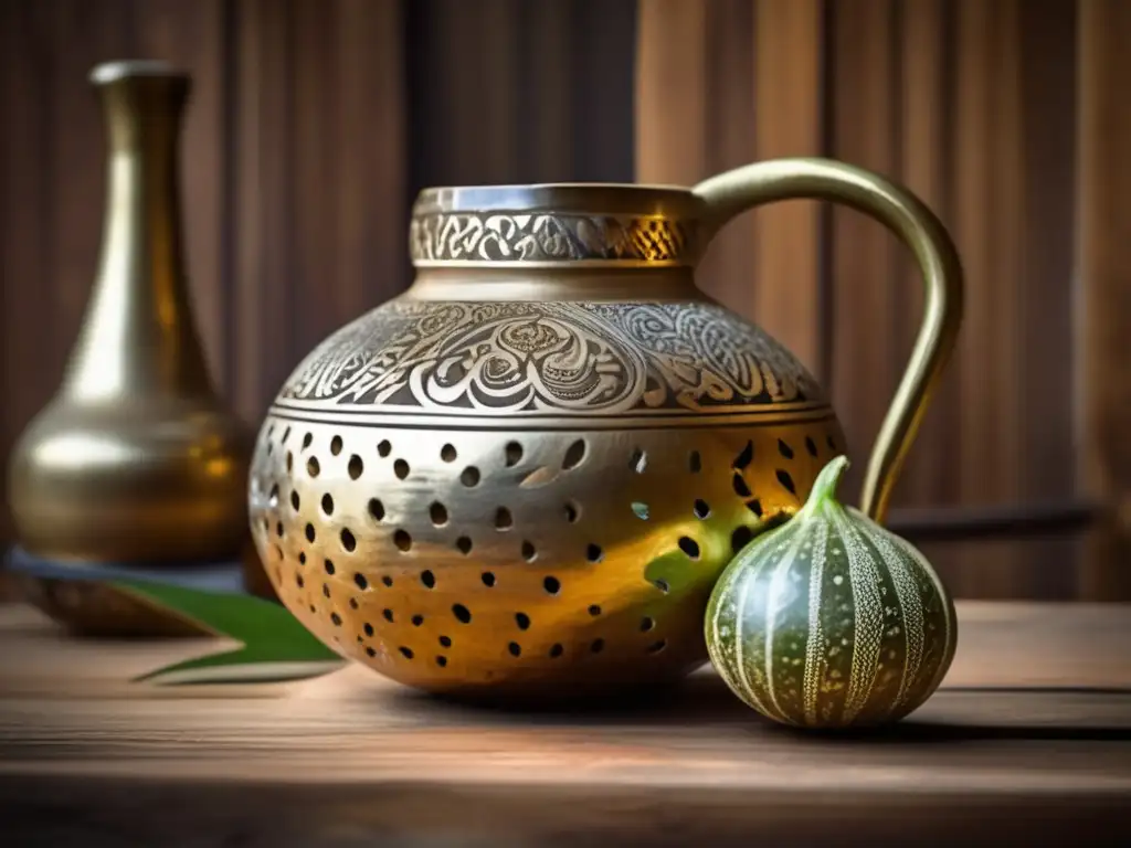 Origen y legado de la yerba mate: Gourd y bombilla decorados, mesa rústica, tradición y cultura en una imagen cautivadora