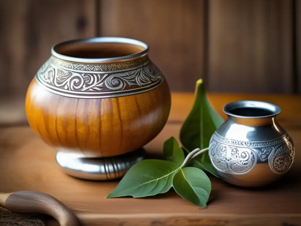 Origen y legado de la yerba mate: Mate gourd tradicional con detalles de plata y yerba fresca en mesa rústica