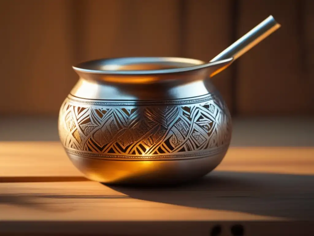 Orígenes históricos del mate: una ilustración vintage de una tradicional mate y bombilla en una mesa de madera, con paisaje verde de fondo