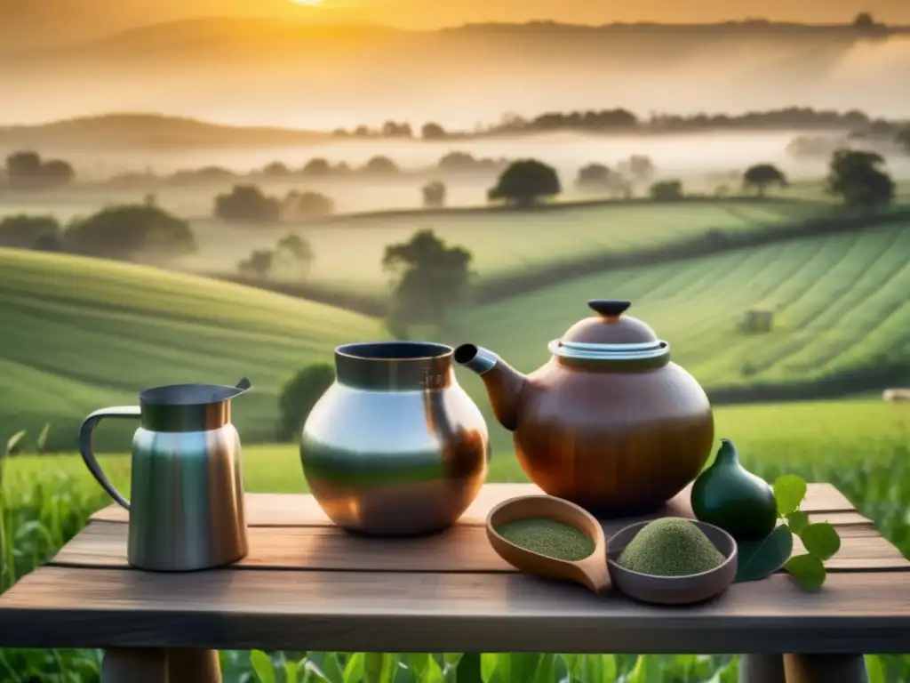 Paisaje campestre al amanecer con mate y yerba mate en regiones predilectas de cultivo de yerba mate