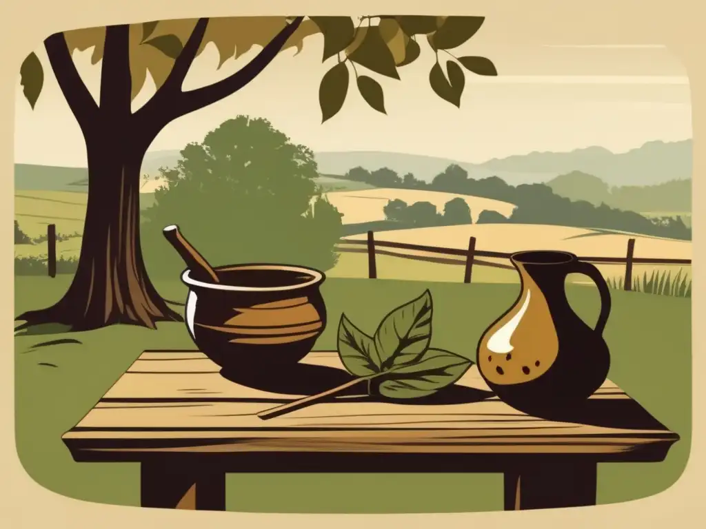 Ilustración vintage de un paisaje campestre sereno con influencia de la yerba mate en el peso