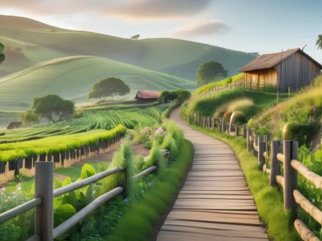 Paisaje con colinas verdes y comunidad protegiendo tierras de mate contra erosión