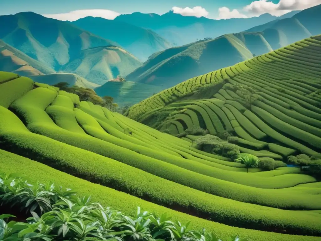 Paisaje exuberante de Sudamérica con plantaciones de yerba mate y tradicionales utensilios de mate