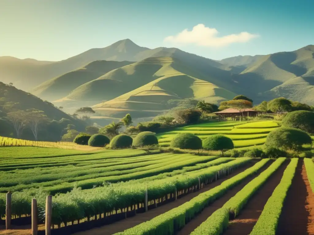 Paisaje sudamericano con plantación de yerba mate y herramientas tradicionales