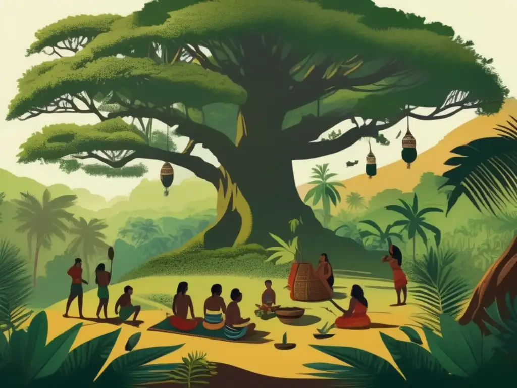 Consumo tradicional de mate por indígenas Paisaje tropical ancestral con gente indígena disfrutando de mate