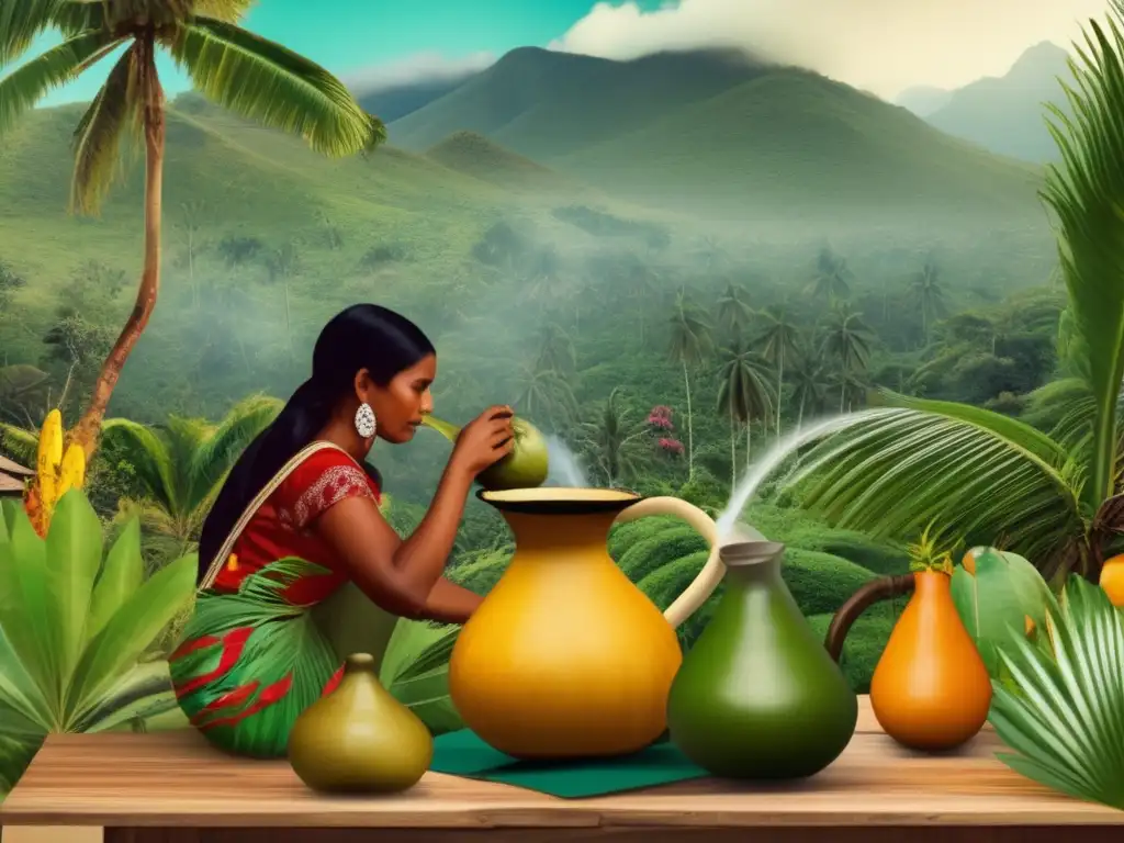 Paisaje tropical con yerba mate: cultura indígena y colonizadores observando (Efecto estimulante único de la yerba mate)